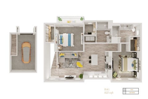 Floor plan for 2 beds, 2 baths, 1127 sqft